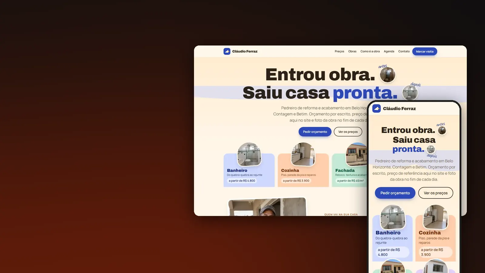 Site criado pela Obaram Studio para um profissional de obras