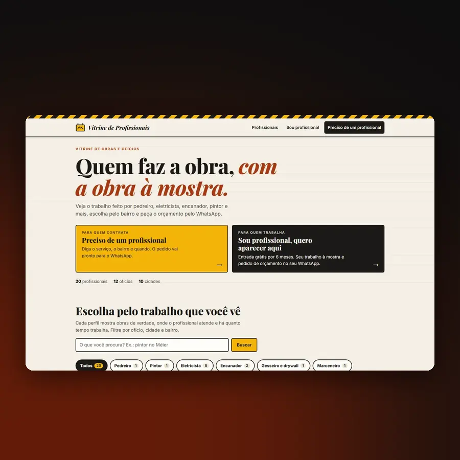 Vitrine de profissionais no computador