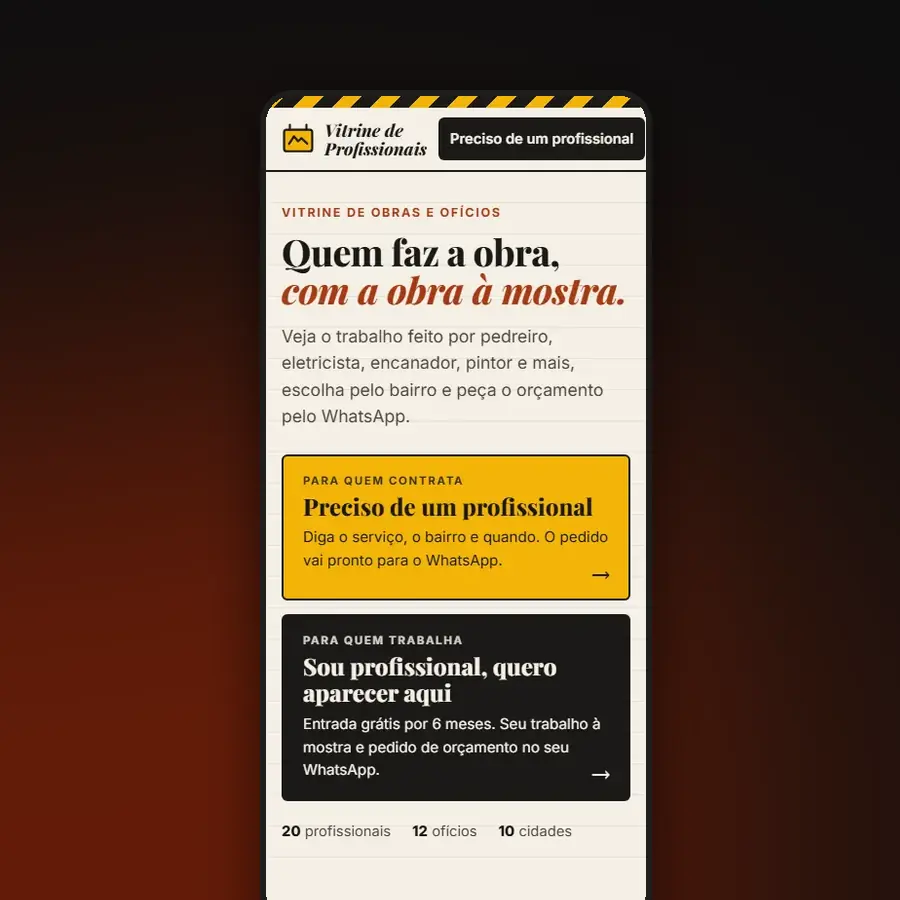 Vitrine de profissionais no celular