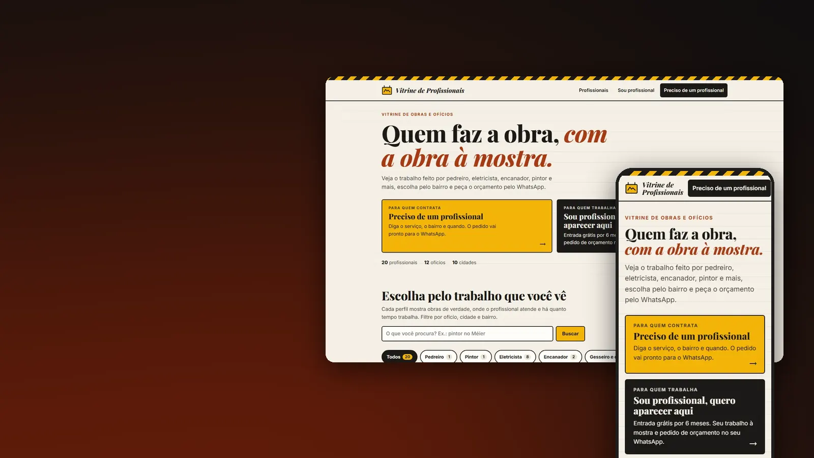 Primeira tela do site Vitrine de profissionais